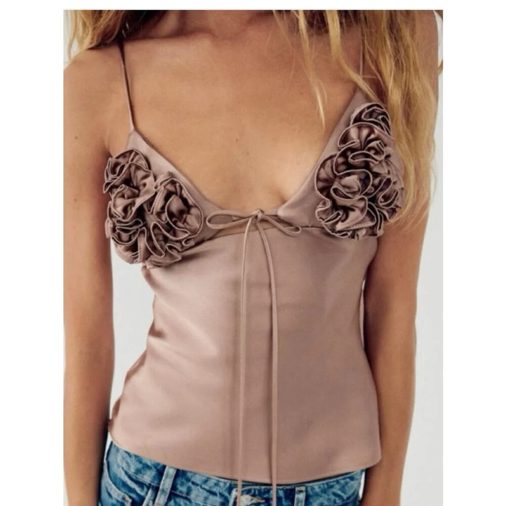 Nwt ZARA Bronze Satin Effect Top Ruffled Details Spaghetti Straps Women's M